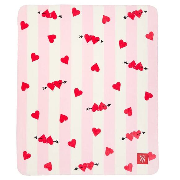Victoria's Secret V-Day Hearts Cozy Plush Blanket 60x50 White Pink Red NEW - Picture 2 of 5